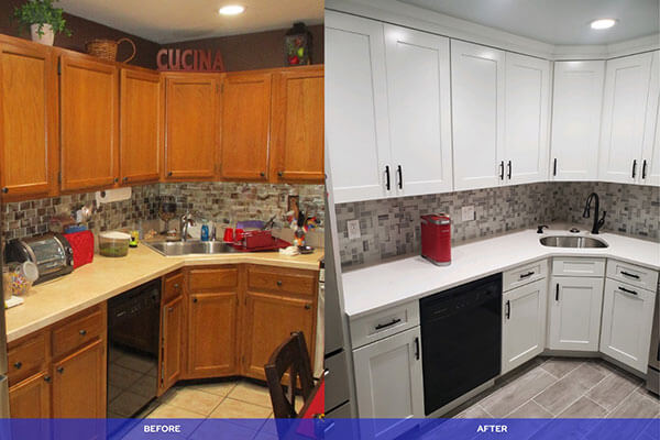 Before and after kitchen remodel - white shaker cabinets by American Home Remodeling Service