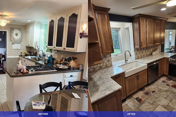 Before and after kitchen renovation - dark wood cabinets with island by American Home Remodeling Service