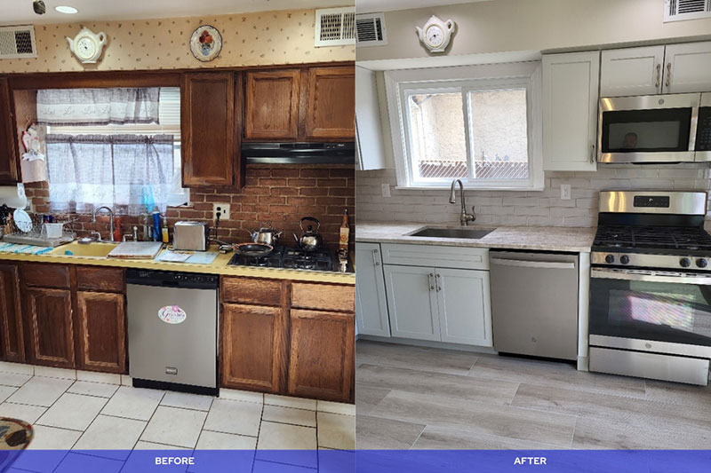 Before and after kitchen remodel - light gray cabinets with subway tile