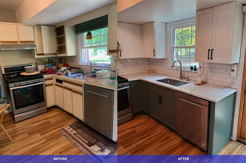 Before and after kitchen renovation - two-tone green and white cabinets
