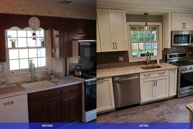 Before and after kitchen remodel - white cabinets with subway tile backsplash