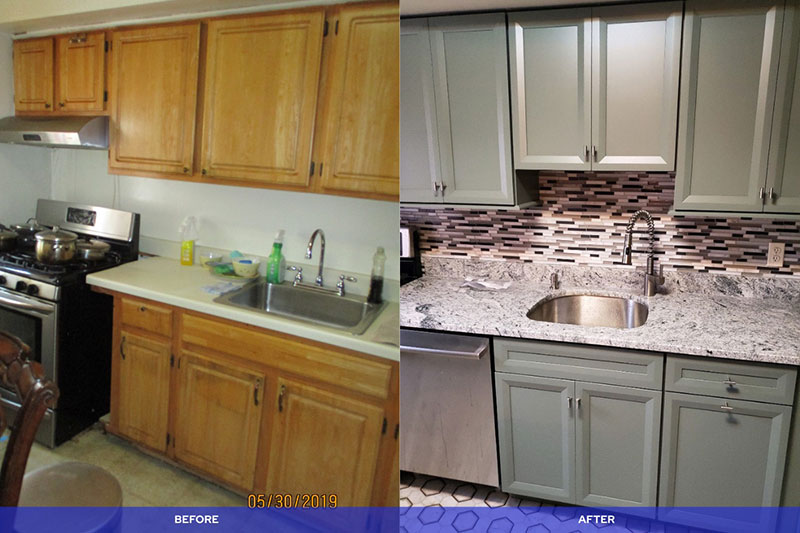 Before and after kitchen renovation - sage green cabinets with granite countertops